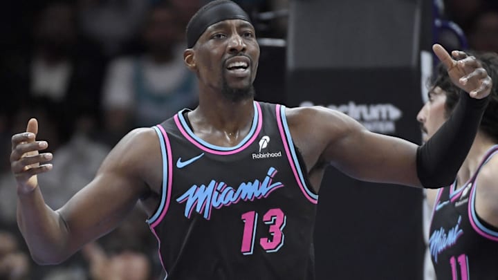 Miami Heat center Bam Adebayo (13) reacts (Mandatory Credit: Sam Sharpe-Imagn Images.)