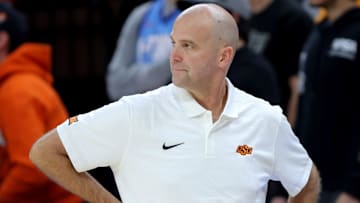 Oklahoma State head basketball coach Steve Lutz reacts during the college basketball game between the Oklahoma State University Cowboys and the Southern Illinois Salukis, Thursday, Nov. 14, 2024.