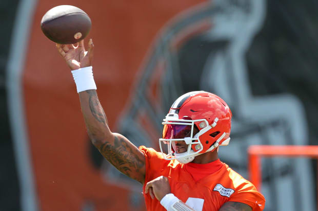 Browns quarterback Deshaun Watson participates in drills during minicamp, Tuesday, June 11, 2024, in Berea.