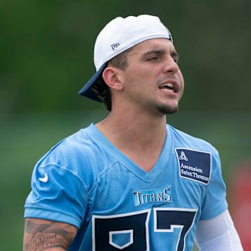 Tennessee Titans receiver Xavier Restrepo finishes up practice during OTAs.