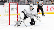 Oct 12, 2024; Boston, Massachusetts, USA;  Los Angeles Kings goaltender Darcy Kuemper (35) makes a save during the first period against the Boston Bruins at TD Garden. Mandatory Credit: Bob DeChiara-Imagn Images