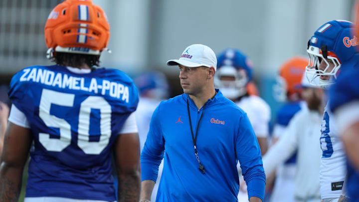Florida head coach Jon Sumrall keeps on eye drills during UF spring practice at Sanders Practice Fields in Gainesville, FL on Tuesday, March 10, 2026. [Alan Youngblood/Gainesville Sun]