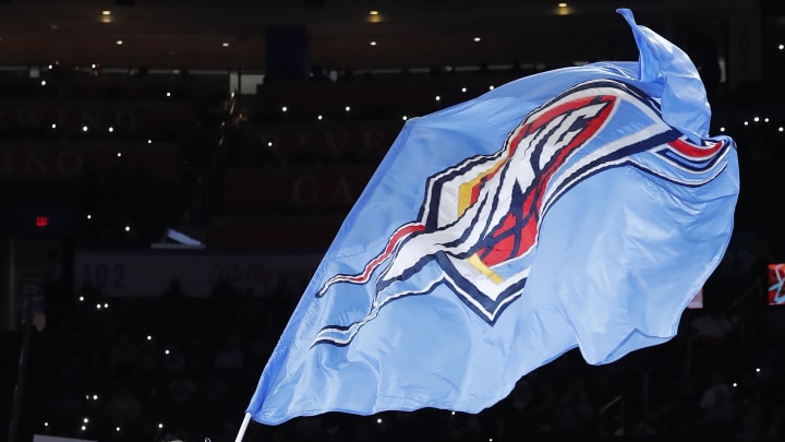 Oct 27, 2022; Oklahoma City, Oklahoma, USA;  Oklahoma City Thunder Mascot, Rumble The Bison, waves a giant flag at the beginning of the fourth quarter against the LA Clippers at Paycom Center. Oklahoma City won 118-110. Mandatory Credit: Alonzo Adams-USA TODAY Sports