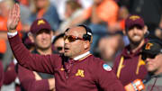 Nov 2, 2024; Champaign, Illinois, USA;  Minnesota Golden Gophers head coach P.J. Fleck during the second half against the Illinois Fighting Illini at Memorial Stadium.