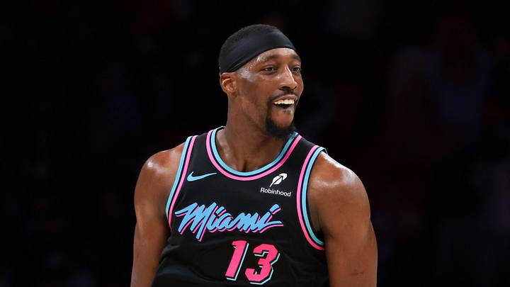 Mar 30, 2026; Miami, Florida, USA; Miami Heat center Bam Adebayo (13) reacts after scoring against the Philadelphia 76ers during the fourth quarter at Kaseya Center. Mandatory Credit: Sam Navarro-Imagn Images