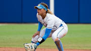 May 30, 2024; Oklahoma City, OK, USA;  UCLA Bruins shortstop Maya Brady (7) gets ready for a play in the second inning against the Alabama Crimson Tide during a Women's College World Series softball game at Devon Park. Mandatory Credit: Brett Rojo-Imagn Images