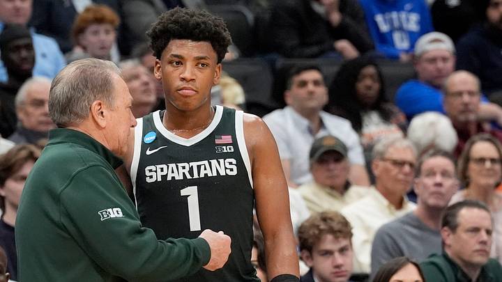 Michigan State coach Tom Izzo talks with guard Jeremy Fears Jr. during the second half of the 2026 NCAA Men's Basketball East Regional game against UConn at Capital One Arena in Washington DC on Friday, March 27, 2026.