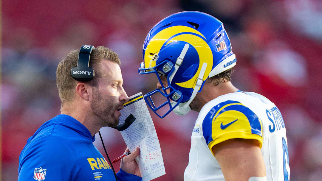 November 9, 2025; Santa Clara, California, USA; Los Angeles Rams head coach Sean McVay talks with quarterback Matthew Stafford (9) during the fourth quarter against the San Francisco 49ers at Levi's Stadium. Mandatory Credit: Kyle Terada-Imagn Images