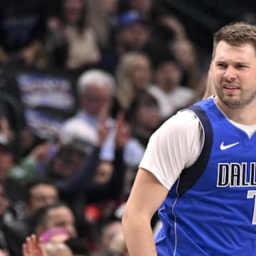Dec 25, 2024; Dallas, Texas, USA; Dallas Mavericks guard Luka Doncic (77) celebrates during the game between the Dallas Mavericks and the Minnesota Timberwolves at the American Airlines Center. Mandatory Credit: Jerome Miron-Imagn Images