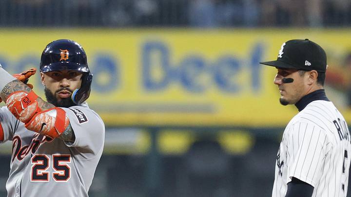 Jun 4, 2025; Chicago, Illinois, USA; Detroit Tigers second baseman Gleyber Torres (25) celebrates after hitting a double against the Chicago White Sox during the first inning at Rate Field. Mandatory Credit: Kamil Krzaczynski-Imagn Images