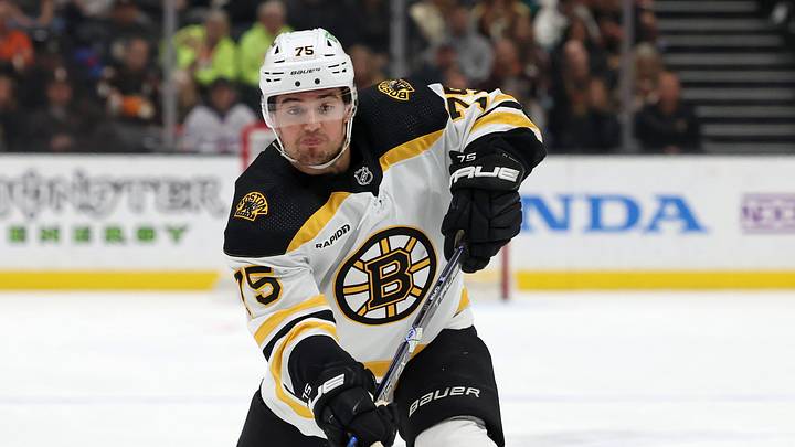 Jan 8, 2023; Anaheim, California, USA; Boston Bruins defenseman Connor Clifton (75) passes during the first period against the Anaheim Ducks at Honda Center. Mandatory Credit: Jason Parkhurst-USA TODAY Sports Jan 8, 2023; Anaheim, California, USA; Boston Bruins defenseman Connor Clifton (75) passes during the first period against the Anaheim Ducks at Honda Center. Mandatory Credit: Jason Parkhurst-USA TODAY Sports