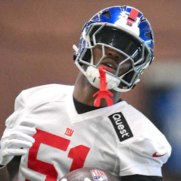 Jun 17, 2025; East Rutherford, NJ, USA; New York Giants linebacker Abdul Carter (51) participates in a drill during minicamp at Quest Diagnostics Training Center.  