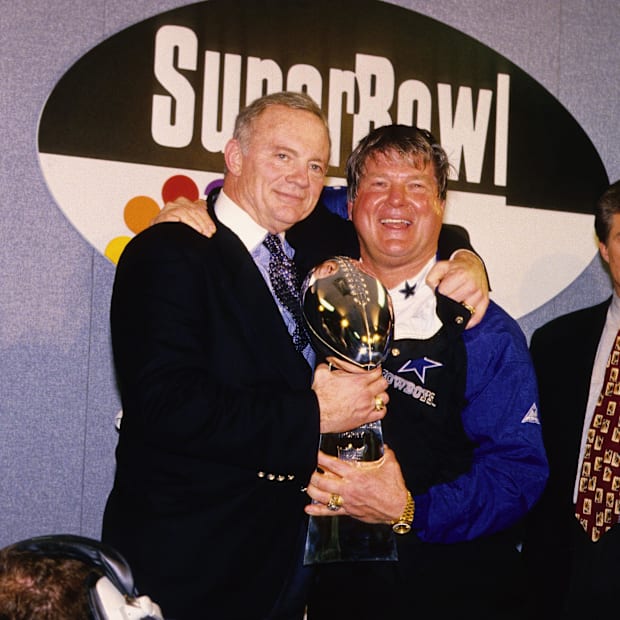 Dallas Cowboys owner Jerry Jones and head coach Jimmy Johnson with the Lombardi trophy after defeating the Buffalo Bills