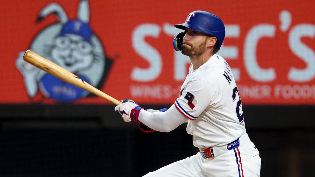 Apr 25, 2026; Arlington, Texas, USA; Texas Rangers right fielder Brandon Nimmo (24) hits an rbi sacrifice fly during the third inning against the Athletics at Globe Life Field. Mandatory Credit: Kevin Jairaj-Imagn Images Apr 25, 2026; Arlington, Texas, USA; Texas Rangers right fielder Brandon Nimmo (24) hits an rbi sacrifice fly during the third inning against the Athletics at Globe Life Field. Mandatory Credit: Kevin Jairaj-Imagn Images