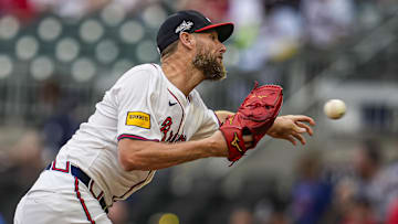 Jun 18, 2025; Cumberland, Georgia, USA; Atlanta Braves starting pitcher Chris Sale (51) pitches against the New York Mets during the first inning at Truist Park. Mandatory Credit: Dale Zanine-Imagn Images