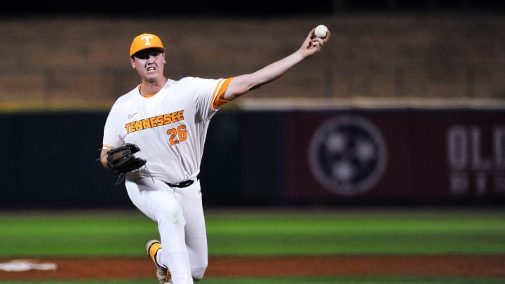 Tennessee white team's Wyatt Evans (26) pitches during the Tennessee baseball intrasquad scrimmage for the Orange & White World Series at Smokies Stadium on Thursday, Nov. 9, 2023.