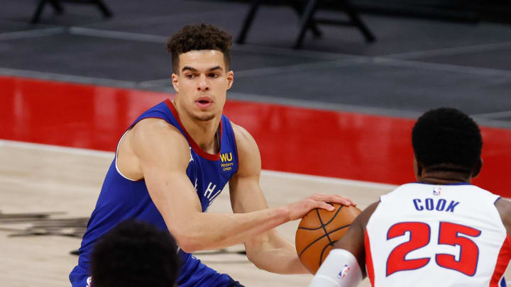 May 14, 2021; Detroit, Michigan, USA; Denver Nuggets forward Michael Porter Jr. (1) dribbles in the second half against the Detroit Pistons at Little Caesars Arena. Mandatory Credit: Rick Osentoski-USA TODAY Sports