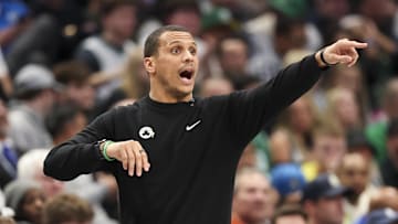 Jan 25, 2025; Dallas, Texas, USA;  Boston Celtics head coach Joe Mazzulla reacts during the game against the Dallas Mavericks at American Airlines Center. Mandatory Credit: Kevin Jairaj-Imagn Images