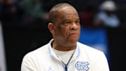 Mar 17, 2025; Dayton, OH, USA; North Carolina Tar Heels head coach Hubert Davis looks on during the First Four Practice at UD Arena. Mandatory Credit: Rick Osentoski-Imagn Images