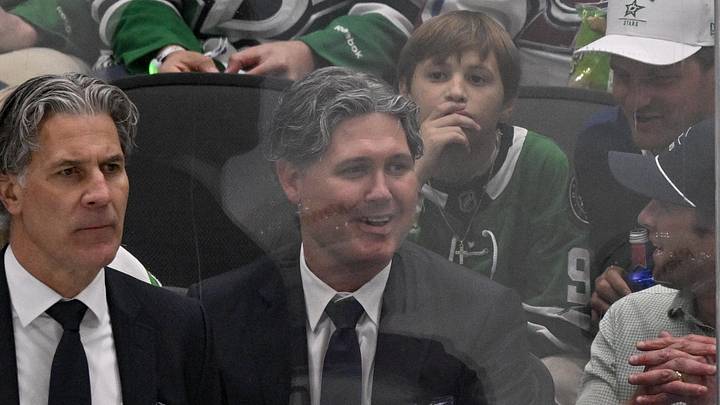 May 3, 2025; Dallas, Texas, USA; Colorado Avalanche head coach Jared Bednar and a fan dressed as Bednar look on during the second period against the Dallas Stars in game seven of the first round of the 2025 Stanley Cup Playoffs at American Airlines Center. Mandatory Credit: Jerome Miron-Imagn Images