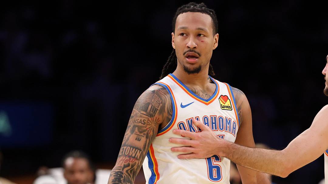 Feb 9, 2026; Los Angeles, California, USA;  Oklahoma City Thunder forward Jaylin Williams (6) is greeted by guard Alex Caruso (9) during the second quarter against the Los Angeles Lakers at Crypto.com Arena. Mandatory Credit: Kiyoshi Mio-Imagn Images