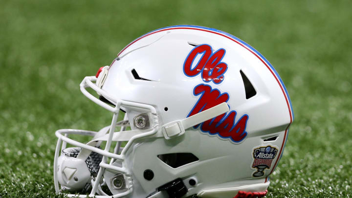 Jan 1, 2022; New Orleans, LA, USA; A Mississippi Rebels helmet before the 2022 Sugar Bowl at the Caesars Superdome. Mandatory Credit: Chuck Cook-USA TODAY Sports