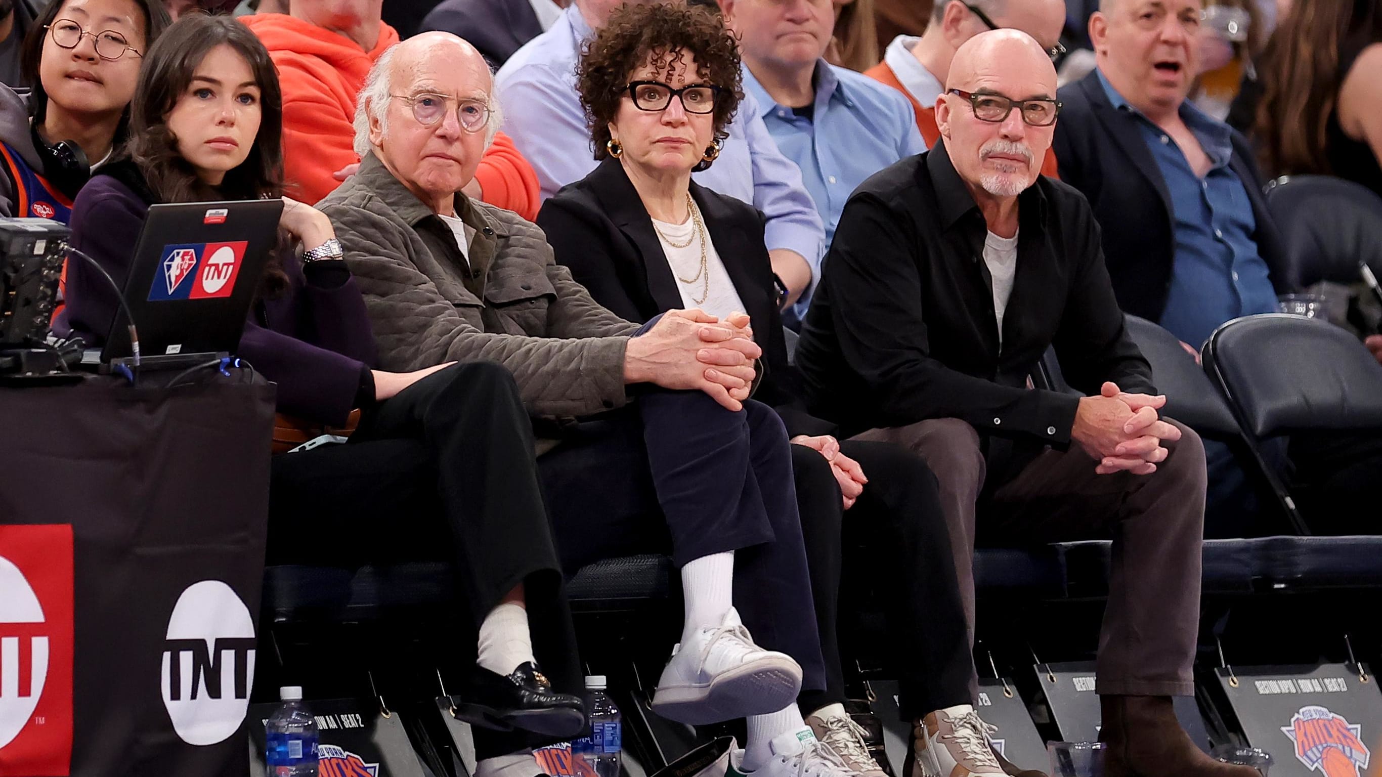 Larry David sits court side during a New York Knicks game.
