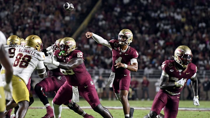 Sep 2, 2024; Tallahassee, Florida, USA; Florida State Seminoles quarterback DJ Uiagalelei (4) throws the ball in the first half against the Boston College Eagles at Doak S. Campbell Stadium. Mandatory Credit: Melina Myers-Imagn Images