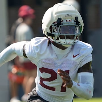 July 31, 2025; Tuscaloosa, AL, USA; Defensive back Dre Kirkpatrick Jr. zeroes in on the ball during the second practice session of the preseason for the Alabama Crimson Tide.