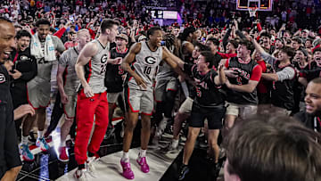 Feb 25, 2025; Athens, Georgia, USA; Post game scenes and reactions after the Georgia Bulldogs defeated the Florida Gators and the fans rushed the court at Stegeman Coliseum. Mandatory Credit: Dale Zanine-Imagn Images
