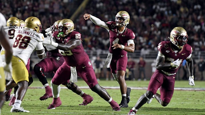 Sep 2, 2024; Tallahassee, Florida, USA; Florida State Seminoles quarterback DJ Uiagalelei (4) throws the ball in the first half against the Boston College Eagles at Doak S. Campbell Stadium. Mandatory Credit: Melina Myers-Imagn Images