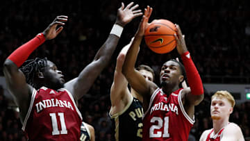Indiana Hoosiers forward Mackenzie Mgbako (21) grabs a rebound Friday, Jan. 31, 2025, during the NCAA men’s basketball game against the Purdue Boilermakers at Mackey Arena in West Lafayette, Ind. Purdue Boilermakers won 81-76.