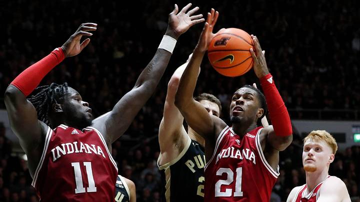 Indiana Hoosiers forward Mackenzie Mgbako (21) grabs a rebound Friday, Jan. 31, 2025, during the NCAA men’s basketball game against the Purdue Boilermakers at Mackey Arena in West Lafayette, Ind. Purdue Boilermakers won 81-76.