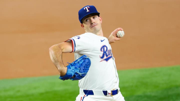 Aug 20, 2024; Arlington, Texas, USA; Texas Rangers starting pitcher Cody Bradford (61) throws during the first inning against the Pittsburgh Pirates  at Globe Life Field. Mandatory Credit: Kevin Jairaj-USA TODAY Sports