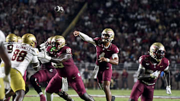 Sep 2, 2024; Tallahassee, Florida, USA; Florida State Seminoles quarterback DJ Uiagalelei (4) throws the ball in the first half against the Boston College Eagles at Doak S. Campbell Stadium. Mandatory Credit: Melina Myers-Imagn Images