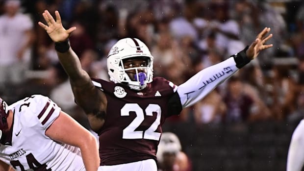 Mississippi State Bulldogs defensive lineman Kedrick Bingley-Jones (22) reacts after a play against Eastern Kentucky.