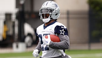 Jun 10, 2025; Arlington, TX, USA; Dallas Cowboys running back Miles Sanders (27) goes through a drill during practice at the Ford Center at the Star Training Facility in Frisco, Texas. Mandatory Credit: Chris Jones-Imagn Images