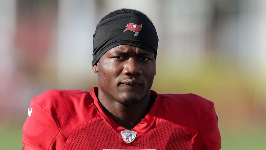 Tampa Bay Buccaneers running back Bucky Irving (7) participates in training camp at AdventHealth Training Center. 