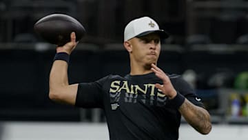 Aug 23, 2025; New Orleans, Louisiana, USA; New Orleans Saints quarterback Spencer Rattler (2) warms up before a game against the Denver Broncos at Caesars Superdome. Mandatory Credit: Matthew Hinton-Imagn Images