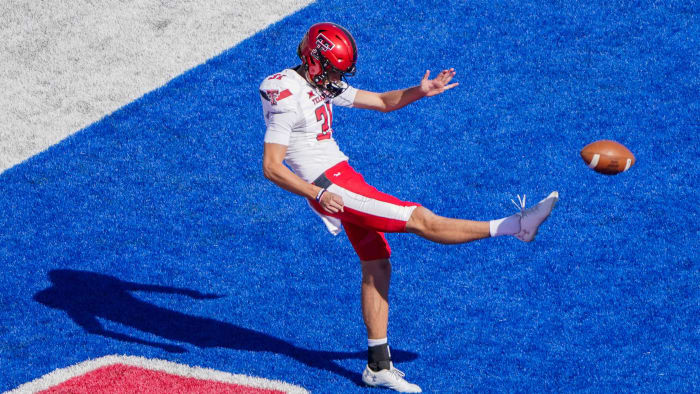 Oct 16, 2021; Lawrence, Kansas, USA; Texas Tech Red Raiders place kicker Austin McNamara (31) warms