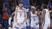 Dec 8, 2023; Oklahoma City, Oklahoma, USA; Oklahoma City Thunder forward Chet Holmgren (7), and guard Shai Gilgeous-Alexander (2) celebrate after Chet Holmgren scores a basket against the Golden State Warriors during the second half at Paycom Center. Mandatory Credit: Alonzo Adams-USA TODAY Sports