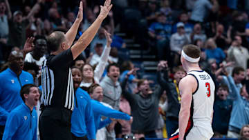 Mississippi Rebels guard Sean Pedulla (3) celebrates his game-winning shot against Arkansas during their second round game of the SEC Men's Basketball Tournament at Bridgestone Arena in Nashville, Tenn., Thursday, March 13, 2025. The Rebels advanced to the third round with the 83-80 win.