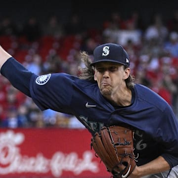 Seattle Mariners starting pitcher Logan Gilbert throws during a game against the St. Louis Cardinals on Saturday at Busch Stadium.