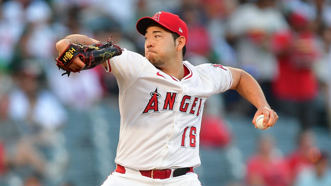Los Angeles Angels pitcher Yusei Kikuchi (16) throws 