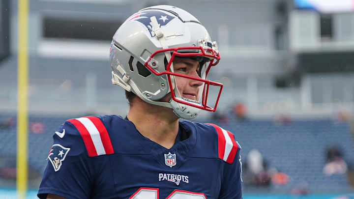 Dec 28, 2024; Foxborough, Massachusetts, USA; New England Patriots quarterback Drake Maye (10) warms up before the start of the game against the Los Angeles Chargers at Gillette Stadium. Mandatory Credit: David Butler II-Imagn Images