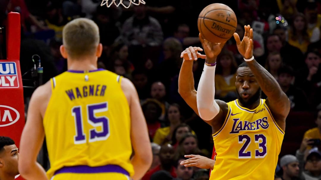 Los Angeles Lakers forward LeBron James (23) passes to center Moritz Wagner (15) against the Chicago Bulls during the first half at the United Center.
