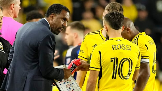 Columbus Crew SC head coach Wilfried Nancy and striker Diego Rossi.