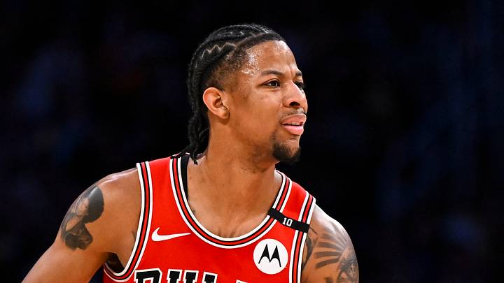Mar 22, 2025; Los Angeles, California, USA; Chicago Bulls guard Dalen Terry (25) reacts against the Los Angeles Lakers during the second half at Crypto.com Arena. Mandatory Credit: Jonathan Hui-Imagn Images
