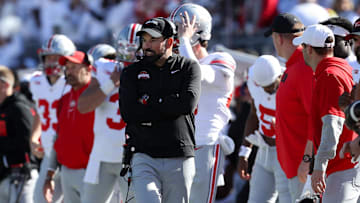 Nov 2, 2024; University Park, Pennsylvania, USA; Ohio State Buckeyes head coach Ryan Day looks on from the sideline during the third quarter against the Penn State Nittany Lions at Beaver Stadium. Mandatory Credit: Matthew O'Haren-Imagn Images