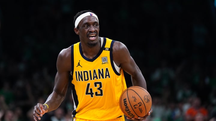 May 23, 2024; Boston, Massachusetts, USA; Indiana Pacers forward Pascal Siakam (43) dribbles the ball against the Boston Celtics in the second half during game two of the eastern conference finals for the 2024 NBA playoffs at TD Garden. Mandatory Credit: David Butler II-USA TODAY Sports